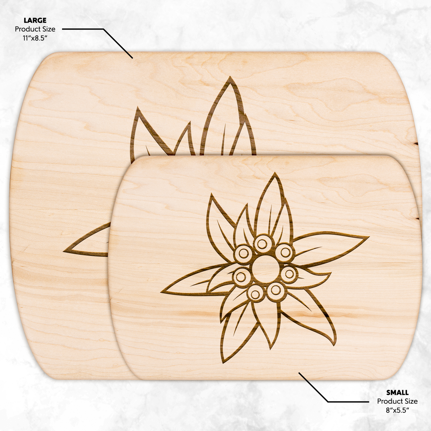 Edelweiss Swiss cutting board with engraved Swiss flower design