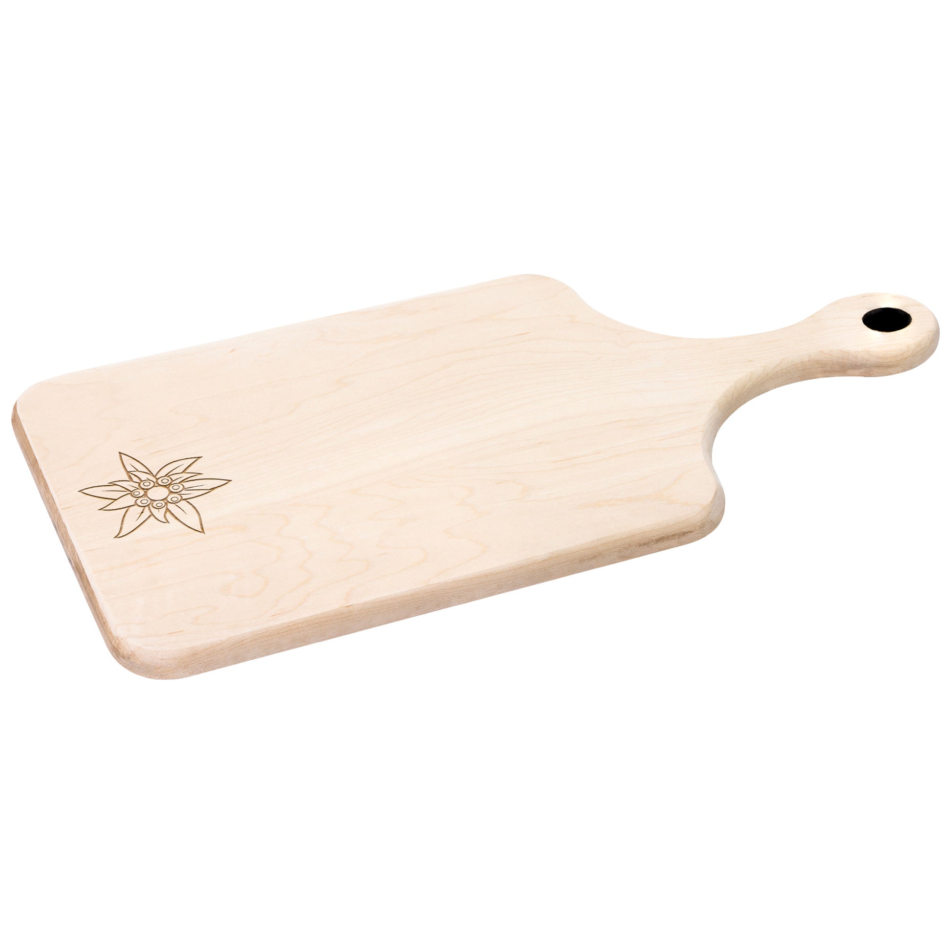 Edelweiss Swiss cutting board with engraved Swiss flower design