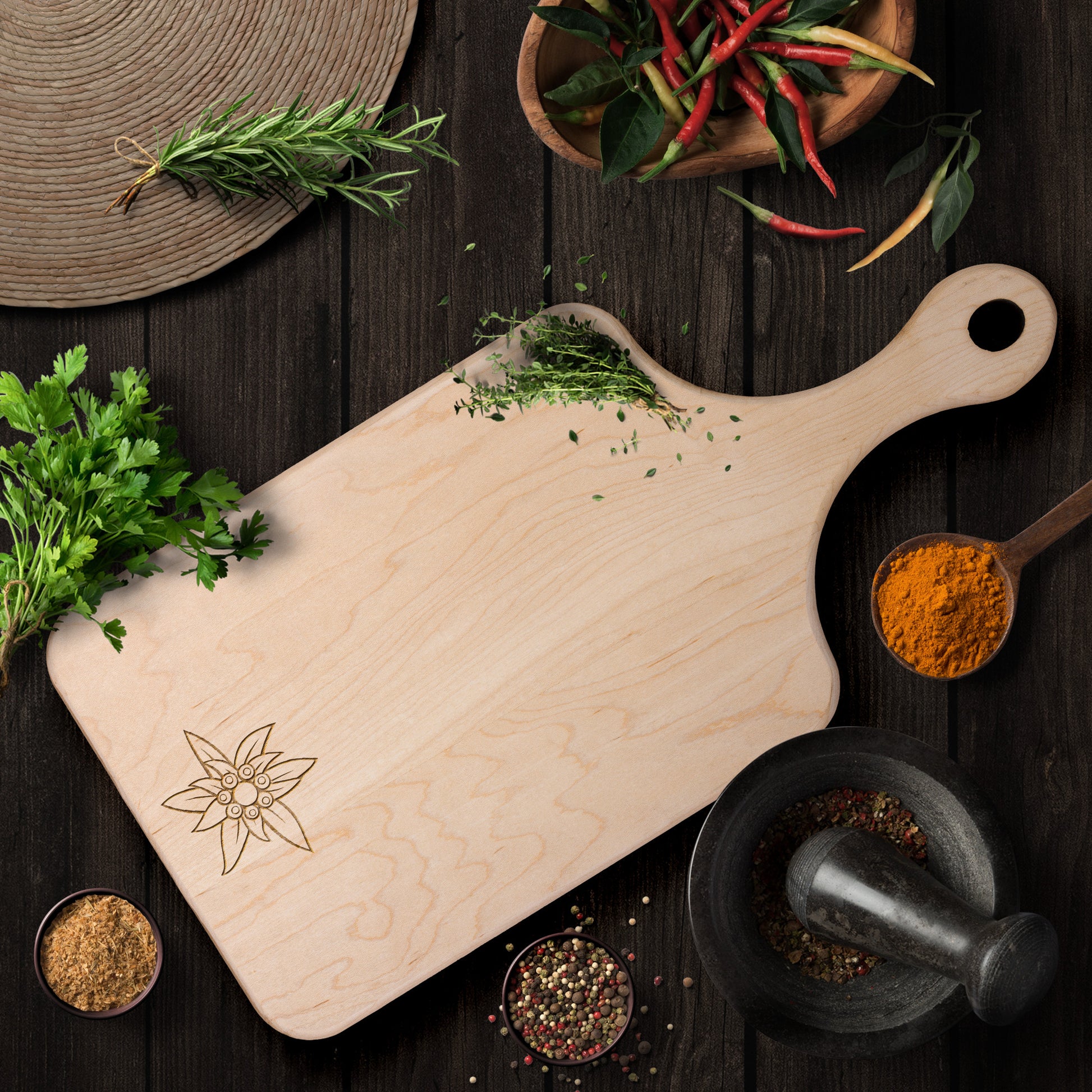 Wooden cutting board with Edelweiss flower symbol from the Swiss Alps