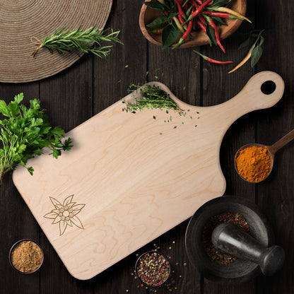 Wooden cutting board with Edelweiss flower symbol from the Swiss Alps