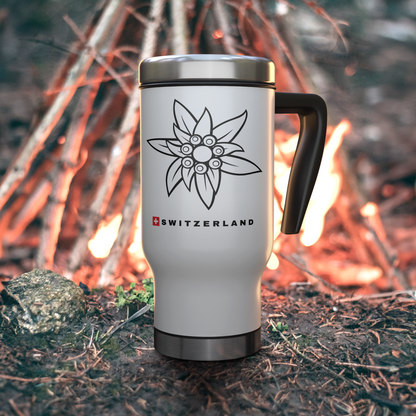 White Edelweiss travel mug with Swiss flag design, right-side view