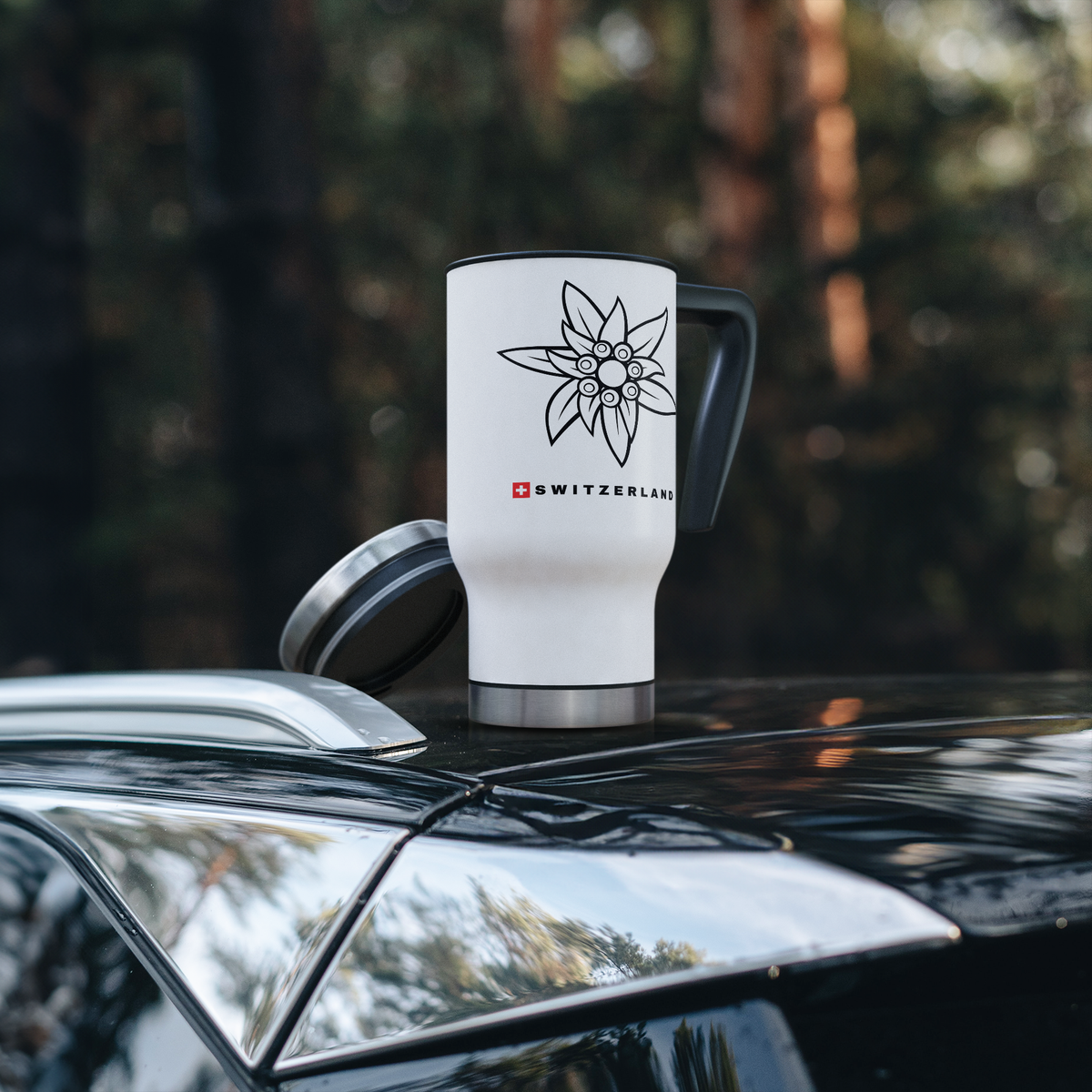 White Edelweiss travel mug with Swiss flag design, right-side view Car Roof