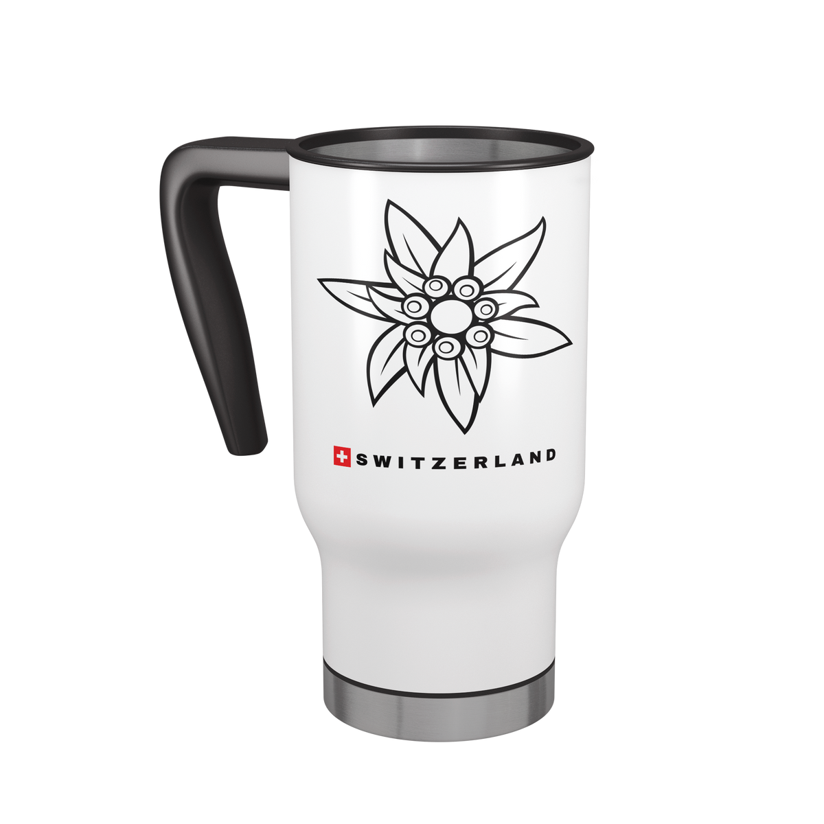 White Edelweiss travel mug with Swiss flag design, left-side view