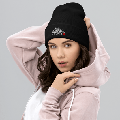 Embroidered Valais mountain badge beanie in black for outdoor enthusiasts