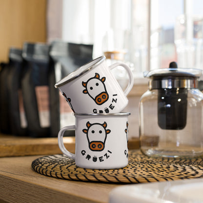 Grüezi Enamel Mug – Swiss Cow Design 🐮 | Durable & Stylish Camping Mug for Nature Lovers 🏞️