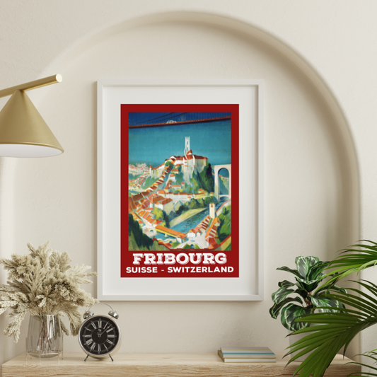 Vintage poster featuring the city of Fribourg, Switzerland, capturing the essence of its rich history and old-world charm through captivating artwork, providing a glimpse into the past