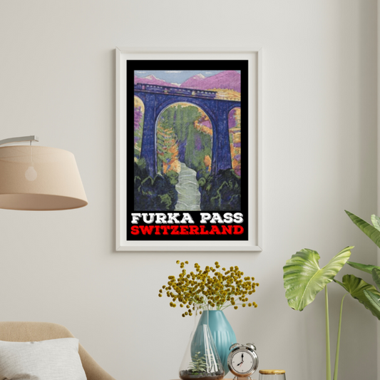 Vintage poster featuring Furka Pass, Switzerland, showcasing an iconic bridge spanning a crystal-clear river, with the awe-inspiring Swiss Alps gracing the background, capturing the enduring beauty of this alpine region