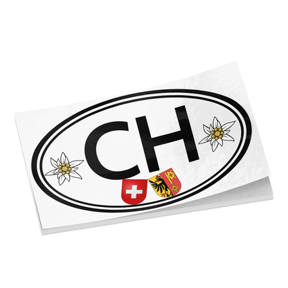 Switzerland souvenir sticker featuring Edelweiss and Geneva crest