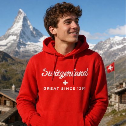 Red Switzerland hoodie with white "Great Since 1291" script design and Swiss cross