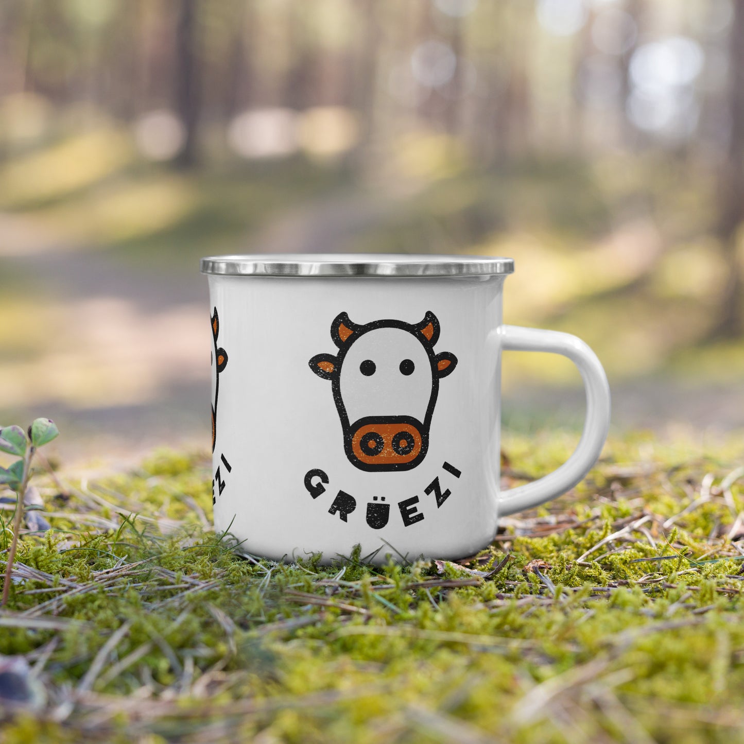 Grüezi Enamel Mug – Swiss Cow Design 🐮 | Durable & Stylish Camping Mug for Nature Lovers 🏞️