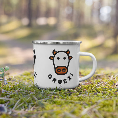 Grüezi Enamel Mug – Swiss Cow Design 🐮 | Durable & Stylish Camping Mug for Nature Lovers 🏞️