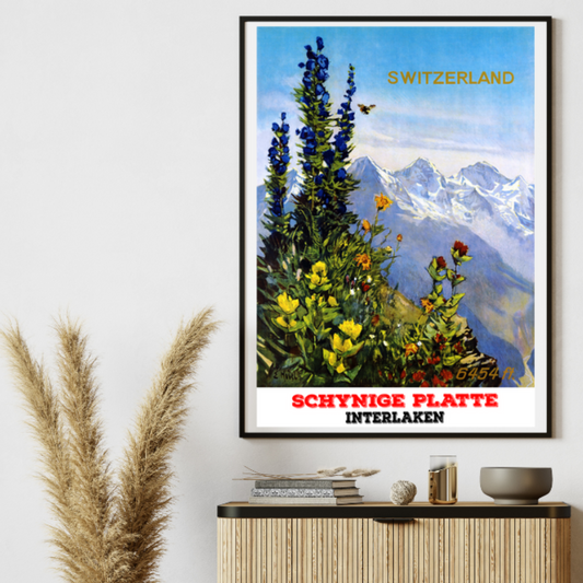 Vintage Schynige Platte Interlaken Switzerland Spring Travel Poster showcasing the timeless beauty of Swiss spring landscapes. A must-have for travel enthusiasts and art lovers