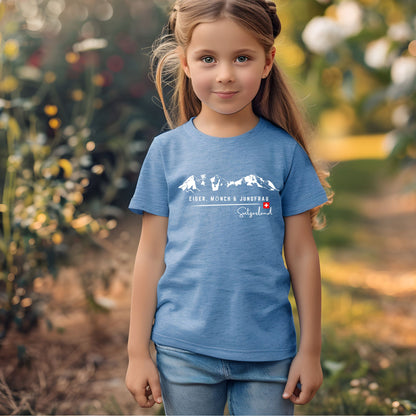 Heather blue toddler t-shirt featuring Eiger, Mönch & Jungfrau mountain design.