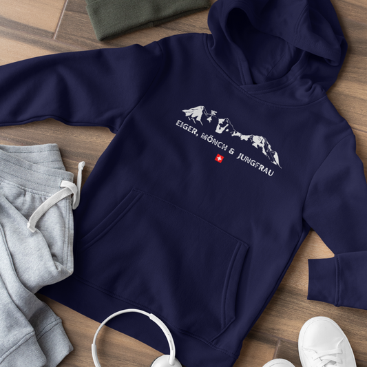 Kids pullover hoodie featuring the majestic Eiger, Monch, and Jungfrau mountains – a perfect souvenir from Switzerland