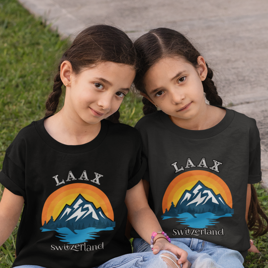 laax switzerland mountain retro sunset kids shirt