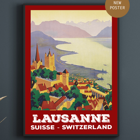 Vintage Lausanne Switzerland Travel Poster showcasing the nostalgic beauty of the city and its Swiss heritage. A must-have for travel enthusiasts and art lovers.