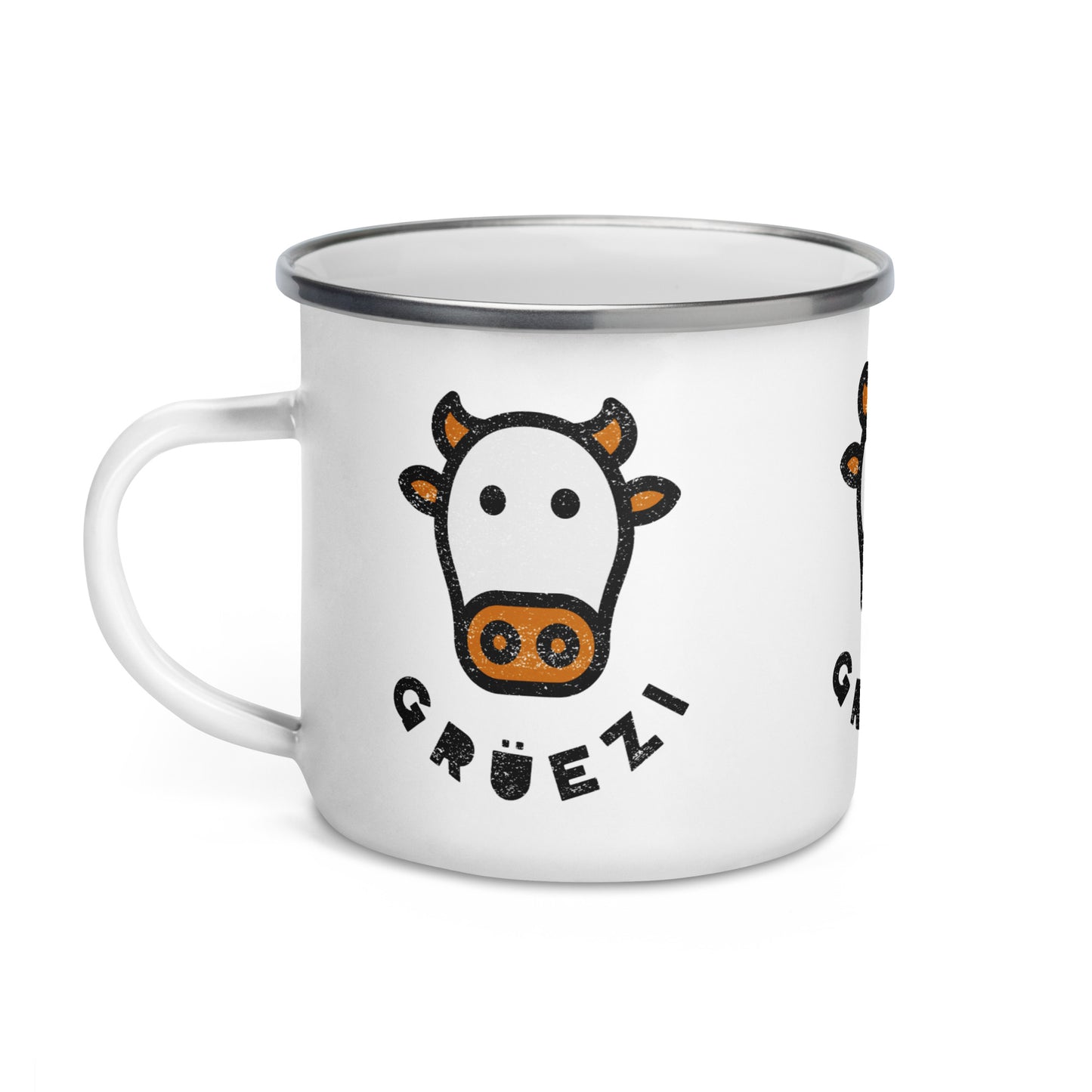 Grüezi Enamel Mug – Swiss Cow Design 🐮 | Durable & Stylish Camping Mug for Nature Lovers 🏞️