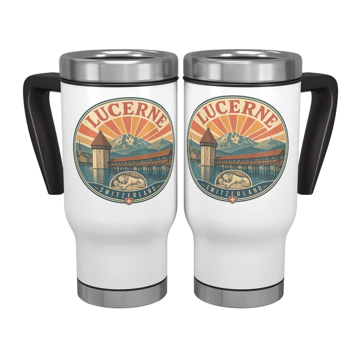 Lucerne Switzerland travel mug with vintage Chapel Bridge, mountain, and lion artwork.