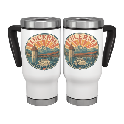 Lucerne Switzerland travel mug with vintage Chapel Bridge, mountain, and lion artwork.