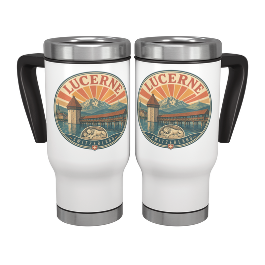 Lucerne Switzerland travel mug with vintage Chapel Bridge, mountain, and lion artwork.