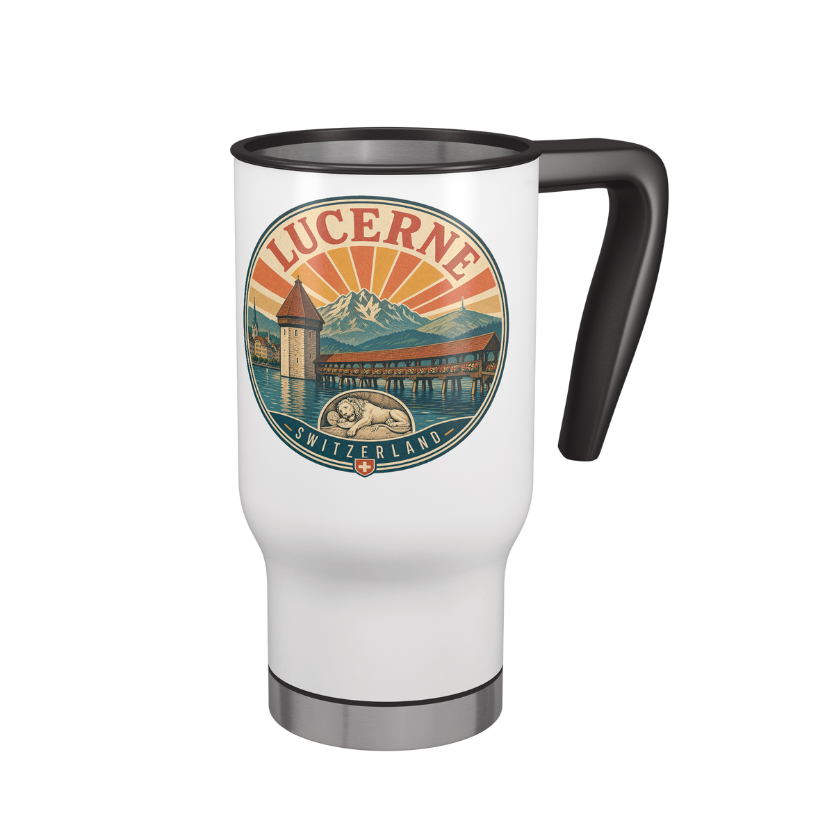 Lucerne Switzerland travel mug with  colorful Chapel Bridge and mountain design.