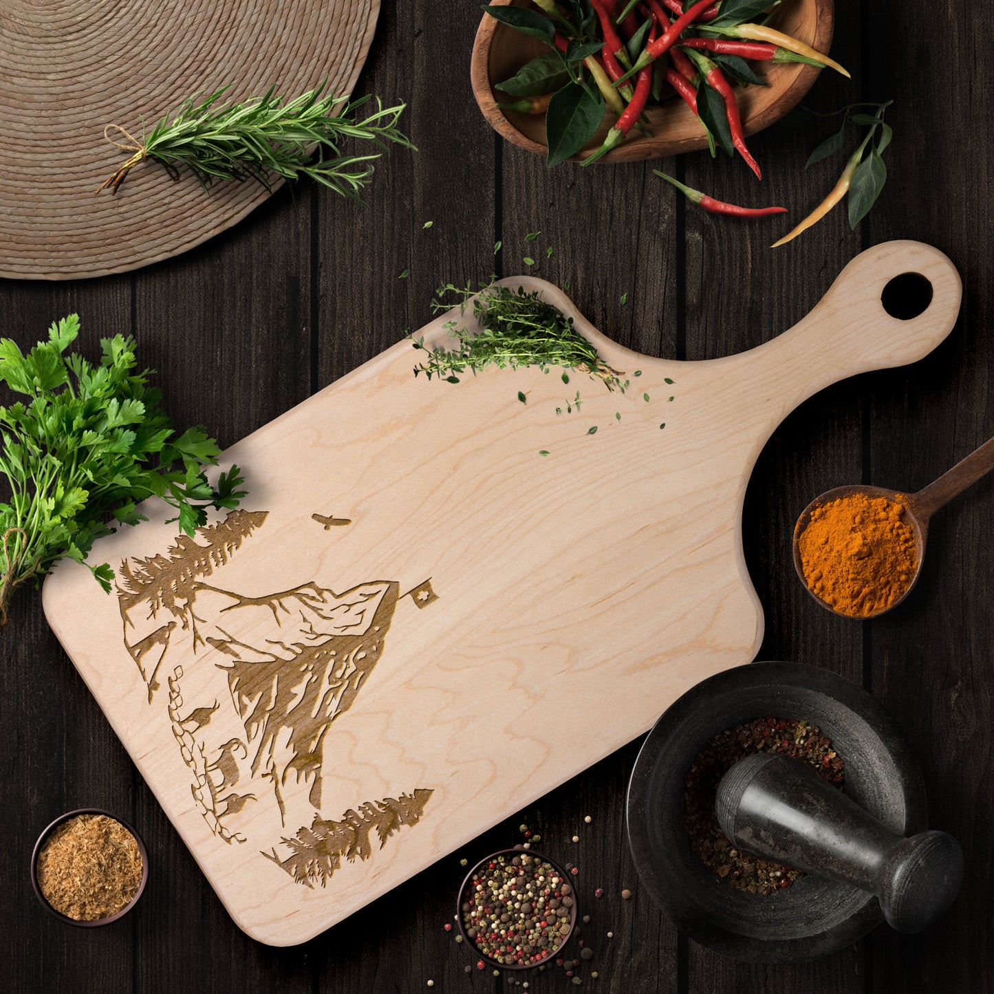 Matterhorn cutting board with engraved Swiss Alps mountain scene