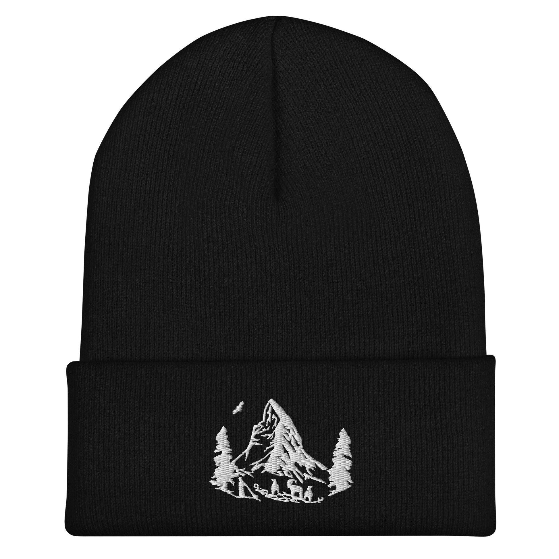 Black ribbed knit beanie with Swiss Alps-inspired design