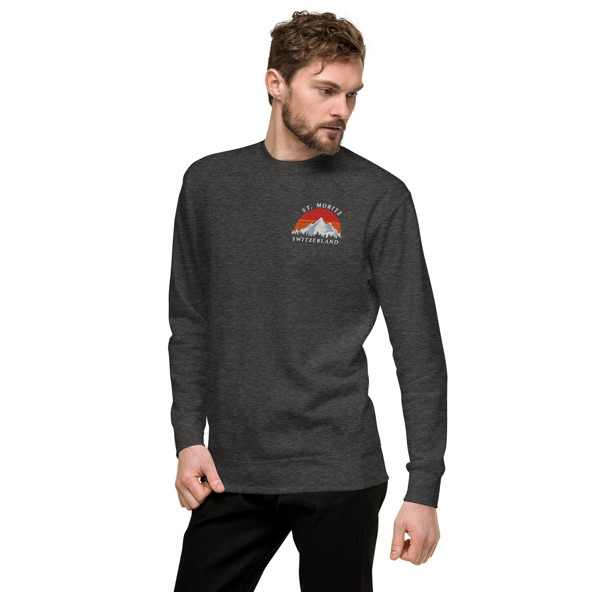 Mountain-inspired sweatshirt with St. Moritz and Swiss Alps embroidery for adventure lovers.
