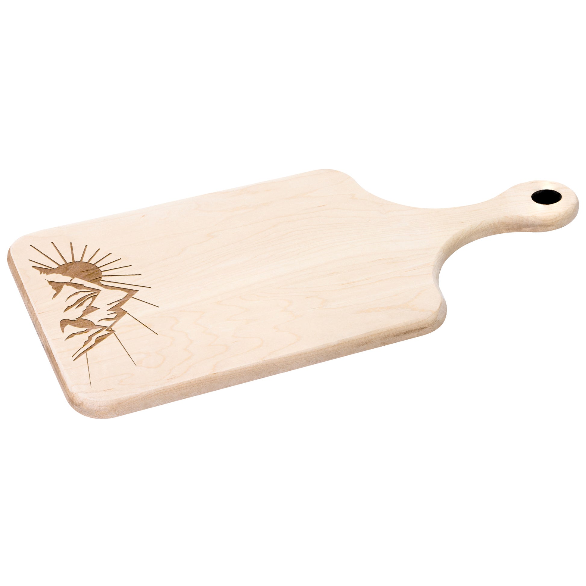 Rustic wood cutting board featuring mountain badge engraving