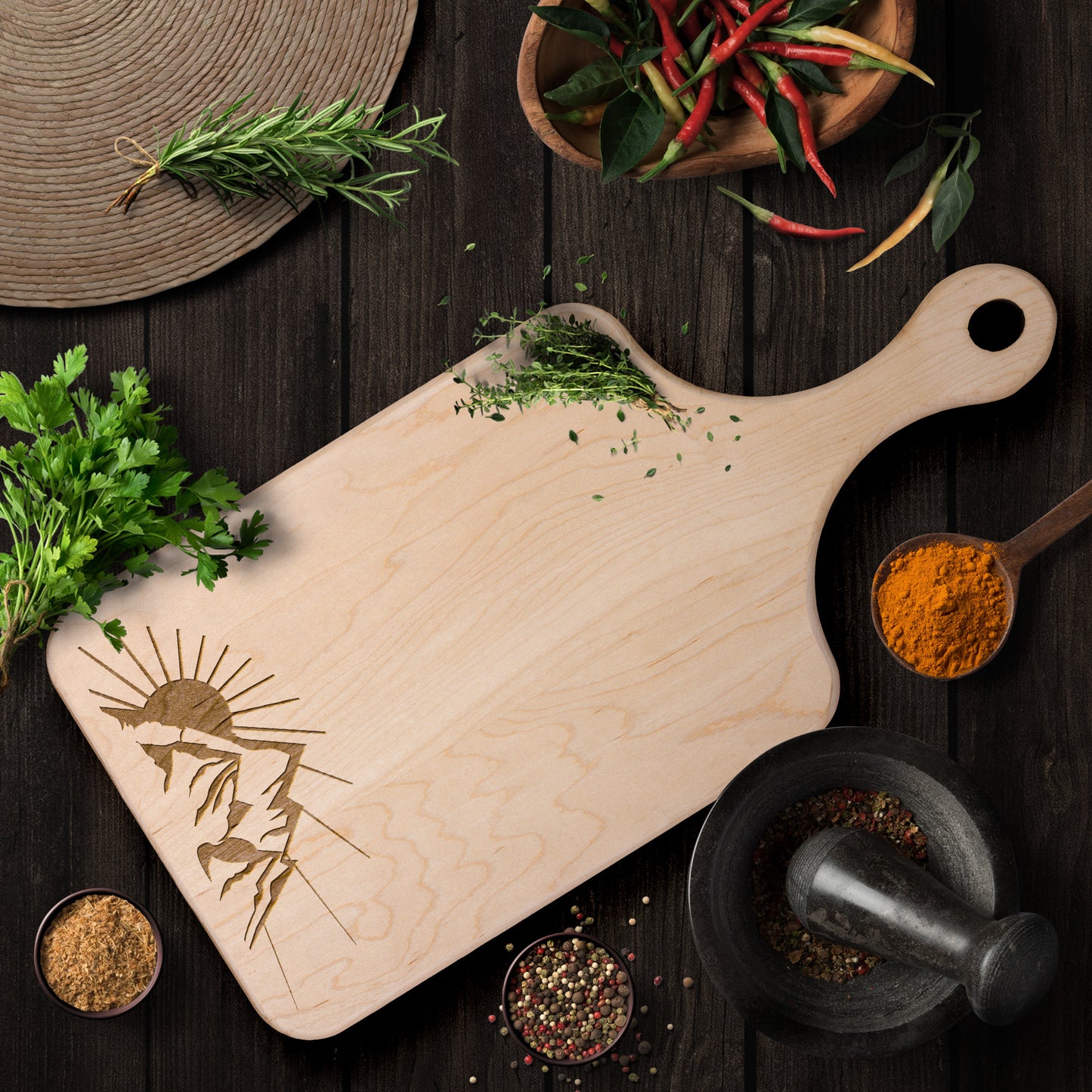 Mountain badge cutting board with engraved mountain design