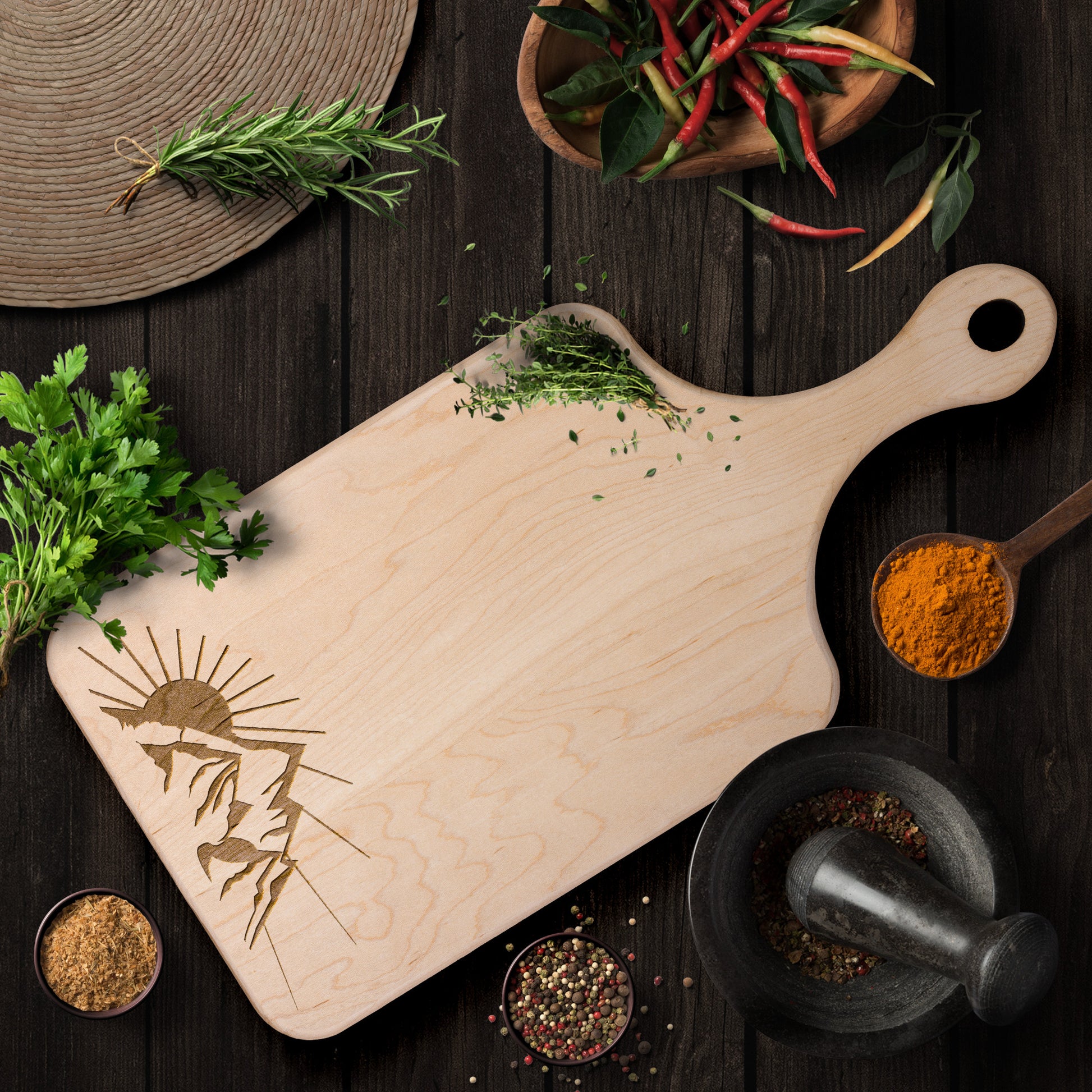 Mountain badge cutting board with engraved mountain design