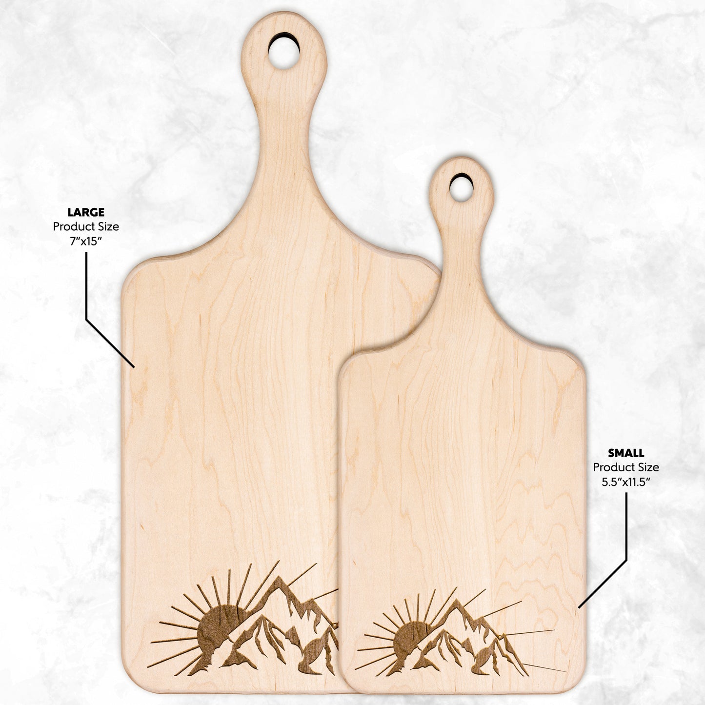 Large and small mountain badge cutting boards with natural wood finish