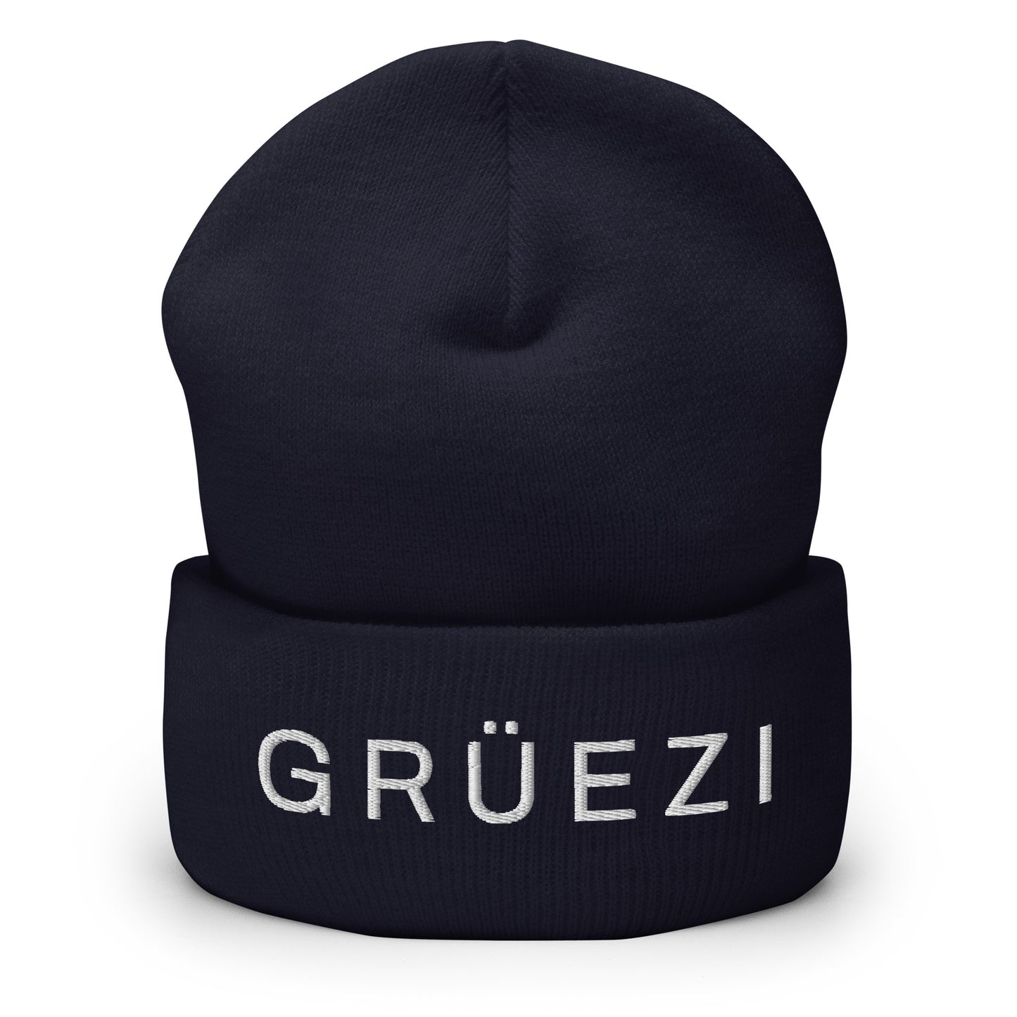 Navy blue Grüezi beanie showcasing Swiss style and charm