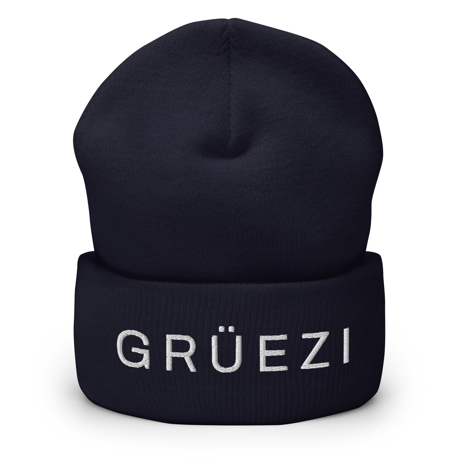 Navy blue Grüezi beanie showcasing Swiss style and charm