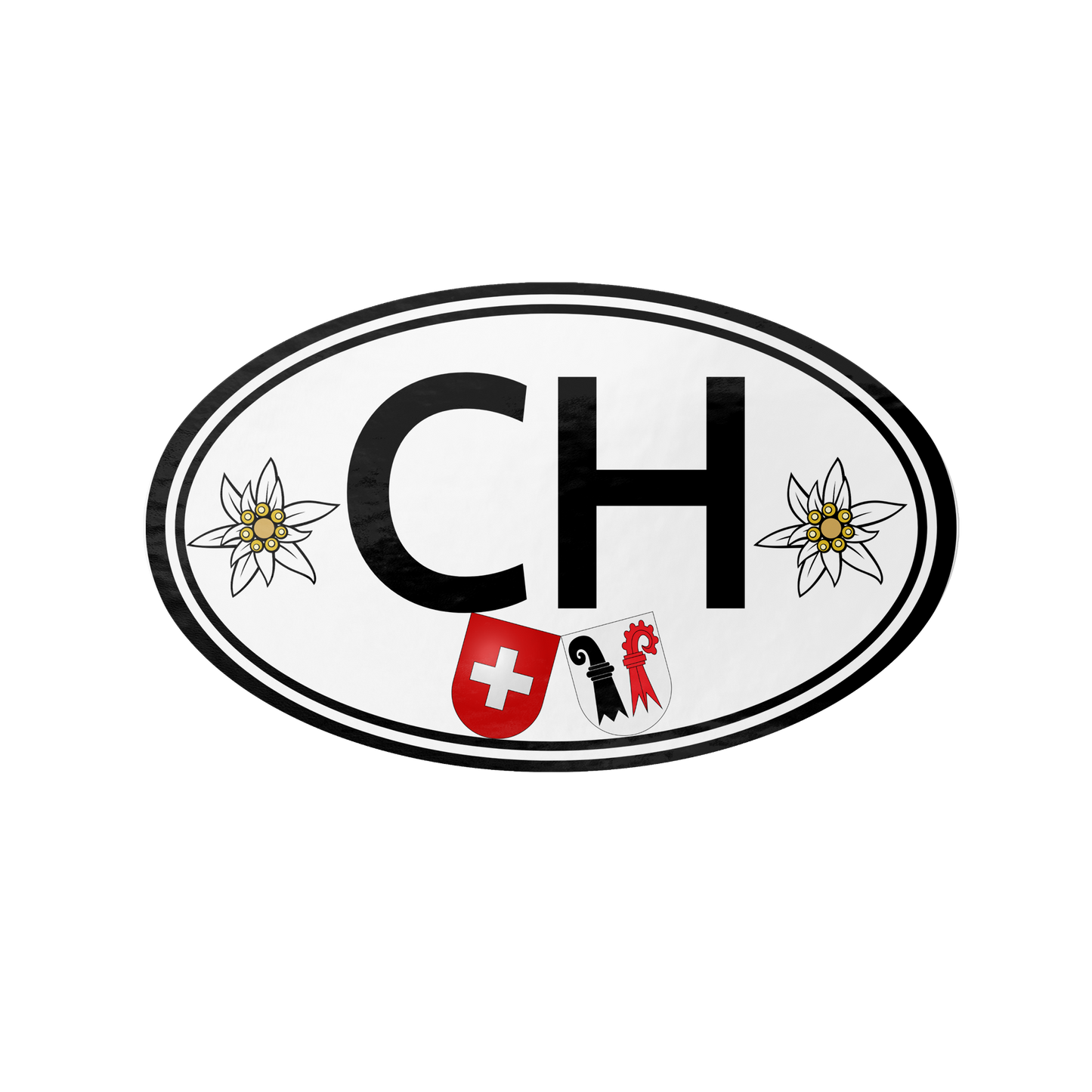Switzerland CH oval sticker with Swiss and Basel flags and Edelweiss