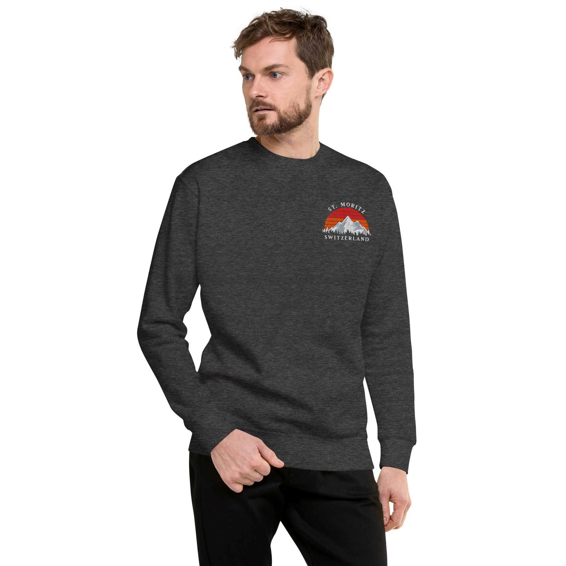 Premium embroidered St. Moritz sweatshirt featuring a retro sunset and Swiss Alps design on the chest.