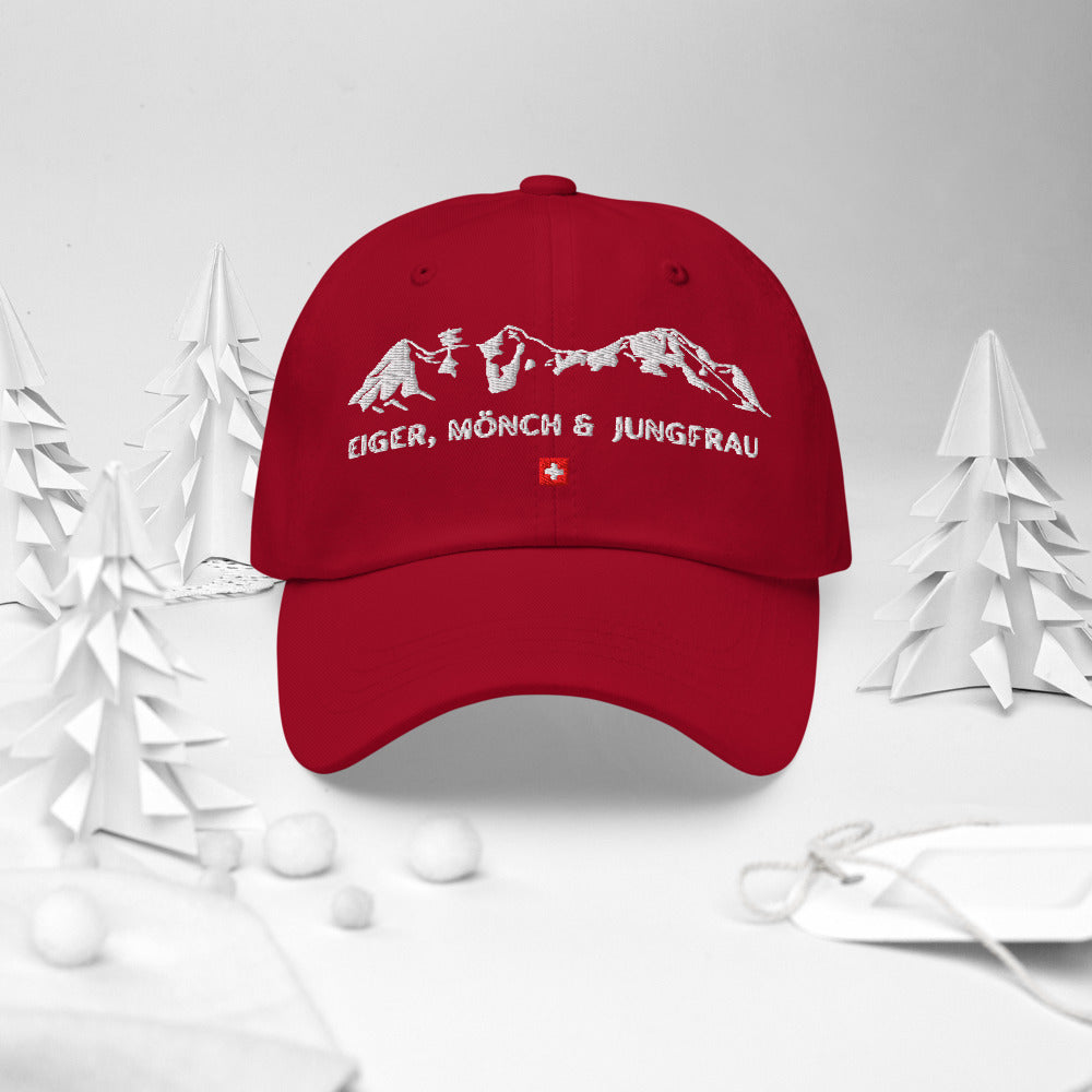 Red Eiger Mönch Jungfrau dad cap with Swiss flag embroidery details