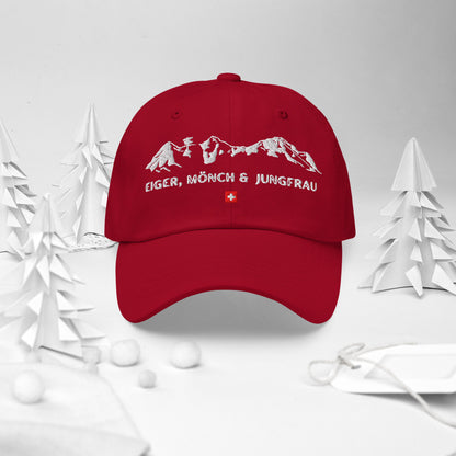 Red Eiger Mönch Jungfrau dad cap with Swiss flag embroidery details