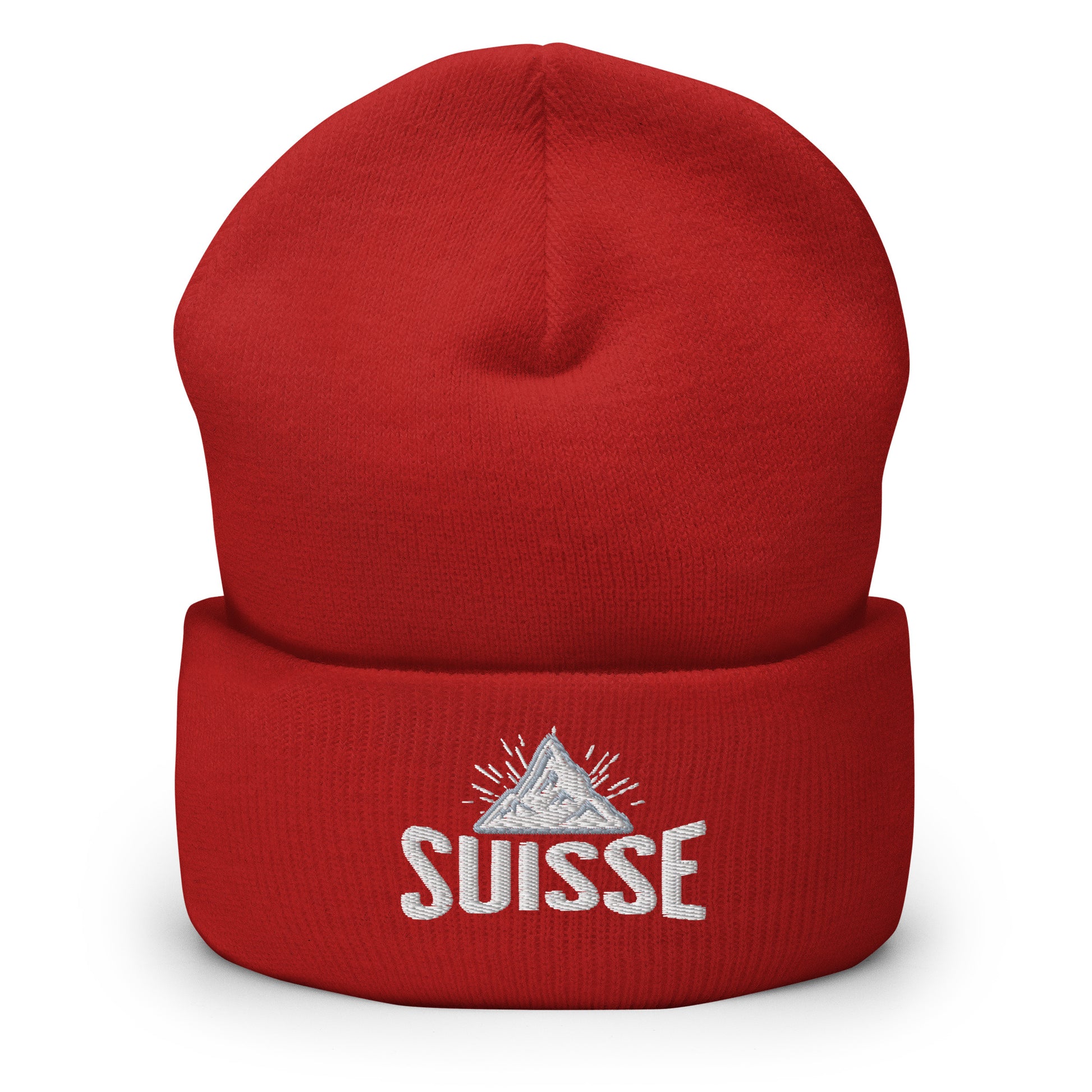Red Suisse beanie featuring stylish Suisse lettering and MOUNTAIN peak