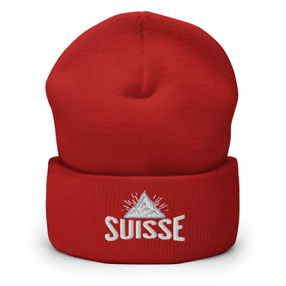 Red Suisse beanie featuring stylish Suisse lettering and MOUNTAIN peak