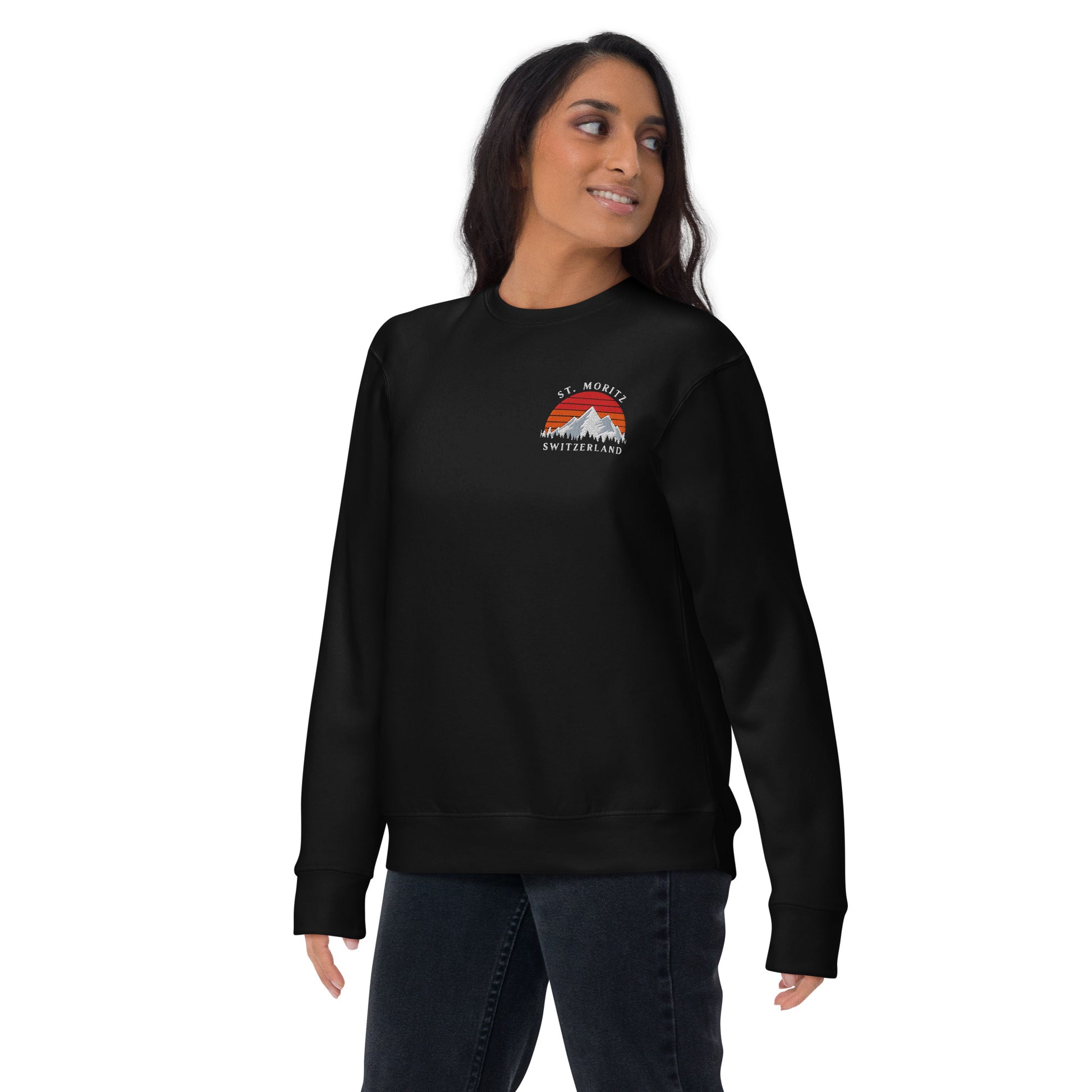 Retro-inspired St. Moritz sweatshirt featuring Swiss Alps and sunset embroidery, perfect for mountain lovers