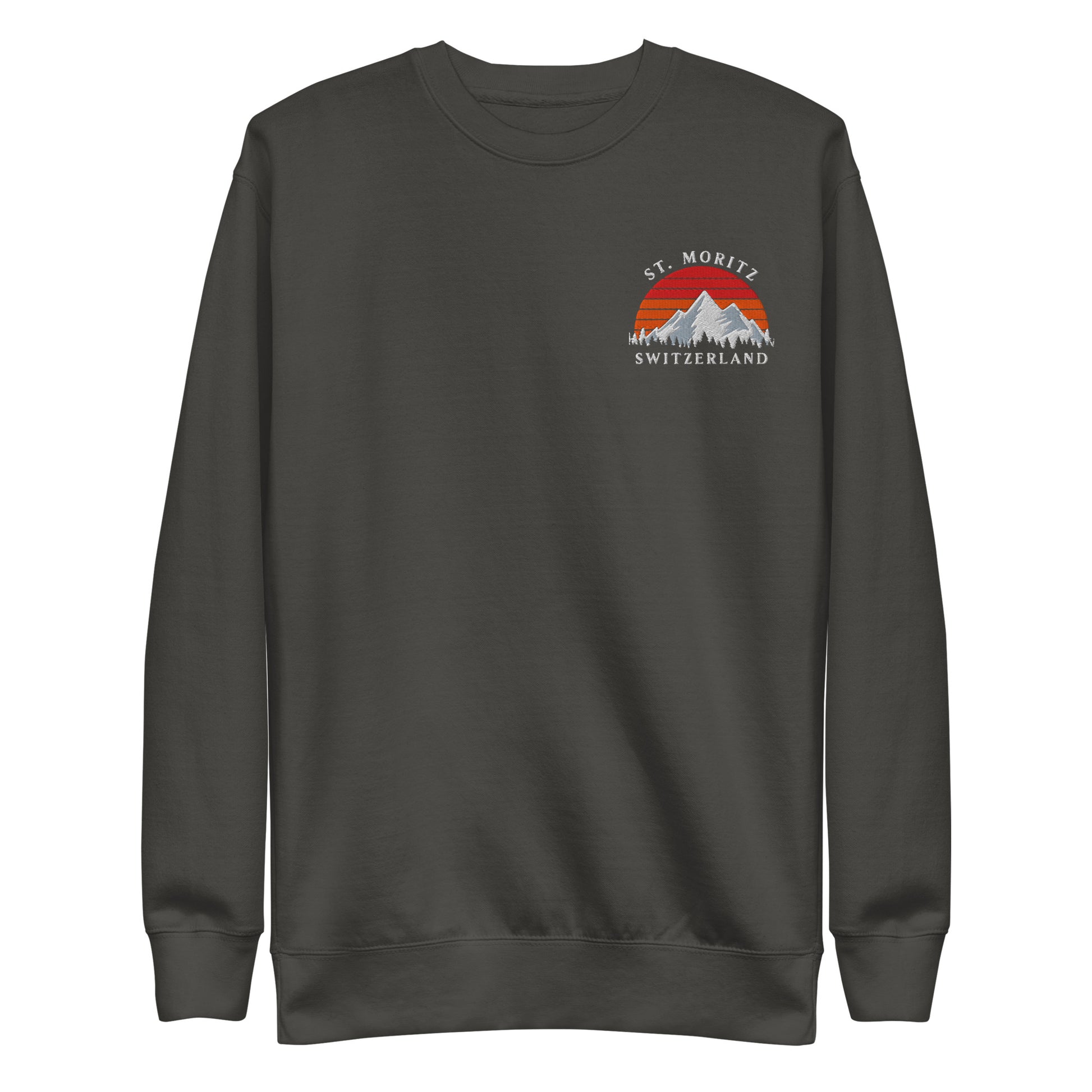 Retro sunset embroidered sweatshirt showcasing St. Moritz and the majestic Swiss Alps.