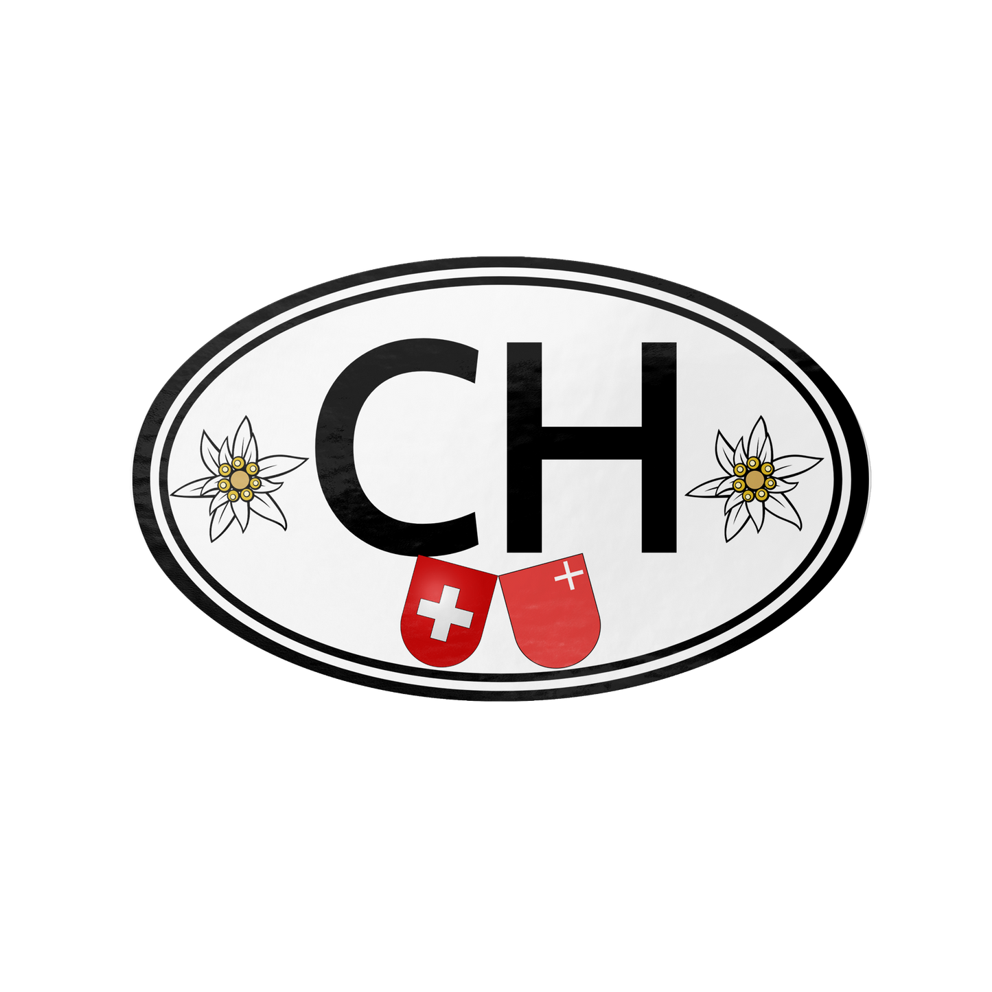 Oval CH sticker with Edelweiss flowers and Schwyz coat of arms — Swiss souvenir decal.