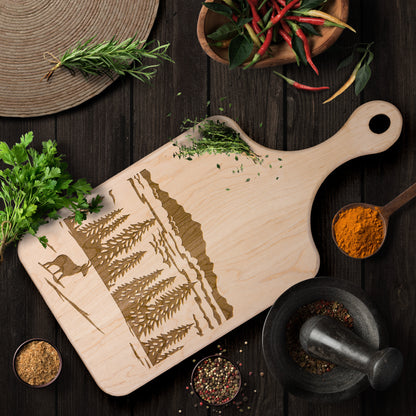 Elegant Swiss scherenschnitte cutting board with chamois silhouette