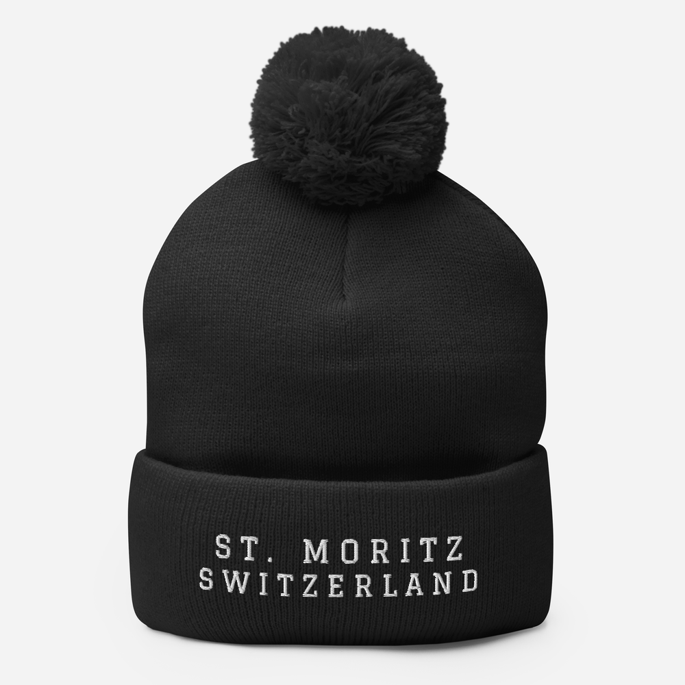 Soft pom-pom beanie featuring ‘St. Moritz Switzerland’ embroidery