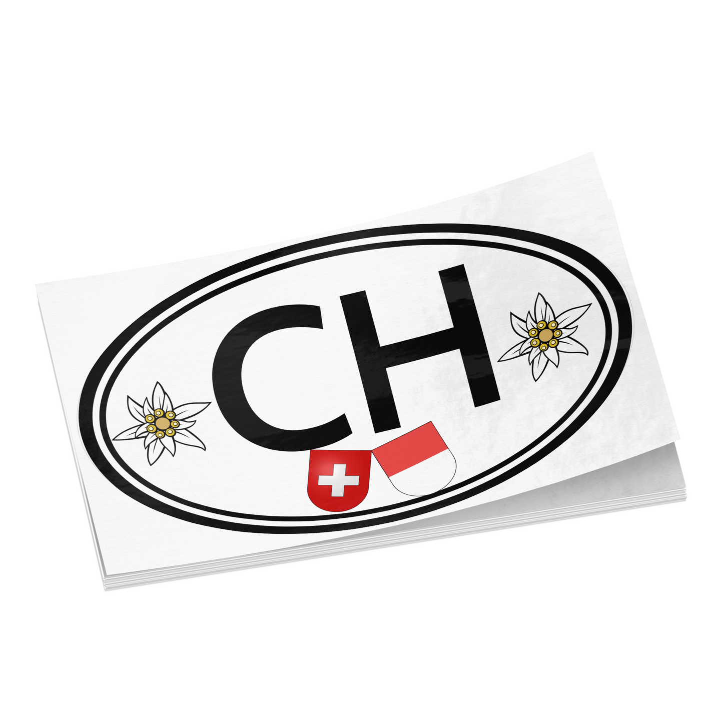 Swiss CH oval car sticker featuring Edelweiss and Solothurn heraldic shield