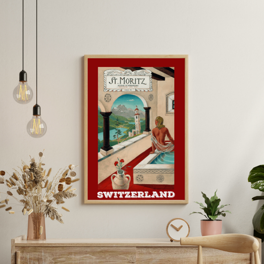 Vintage St. Moritz, Switzerland Travel Poster featuring the Swiss Alps and the luxurious resort town of St. Moritz.