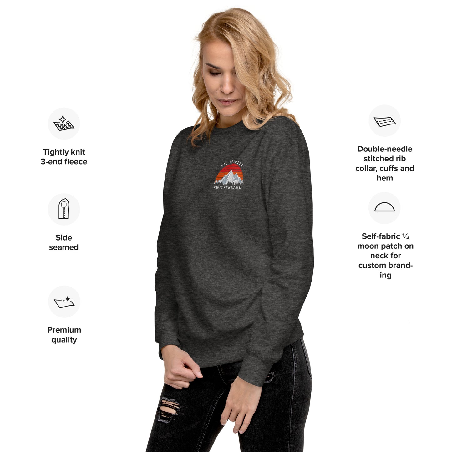 St. Moritz Switzerland premium sweatshirt with embroidered retro sunset design on left chest pocket area.