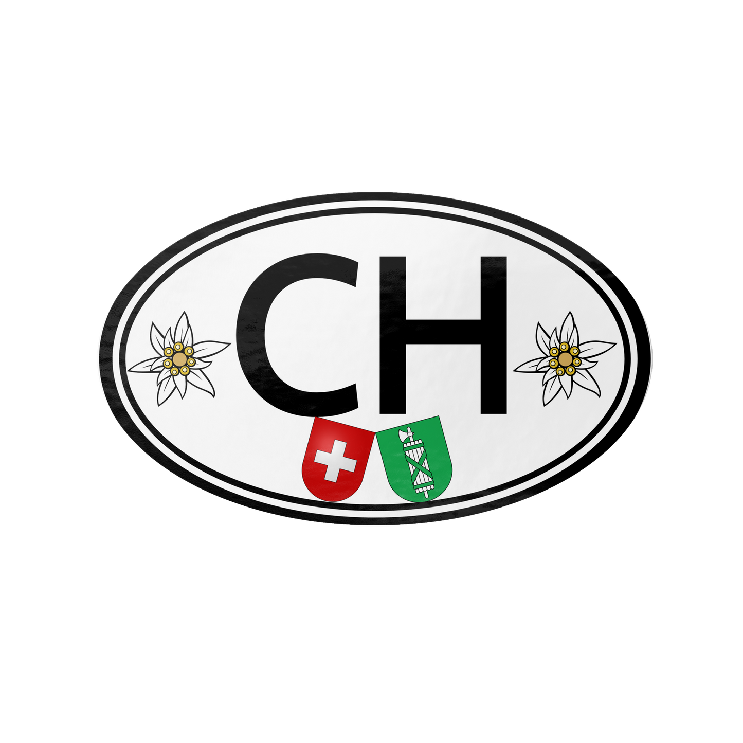 CH Switzerland oval sticker with St. Gallen and Swiss flags