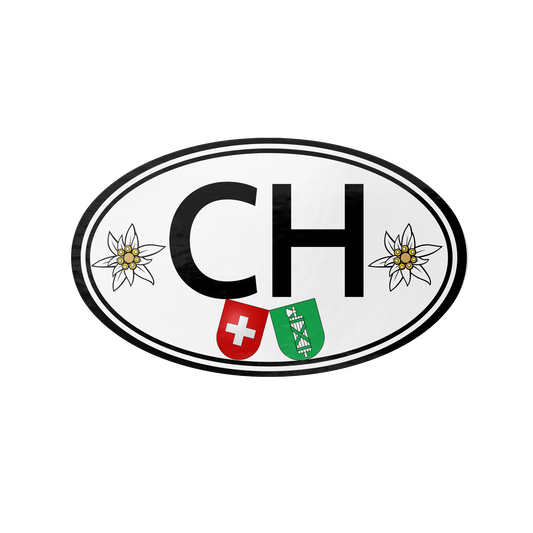 CH Switzerland oval sticker with St. Gallen and Swiss flags